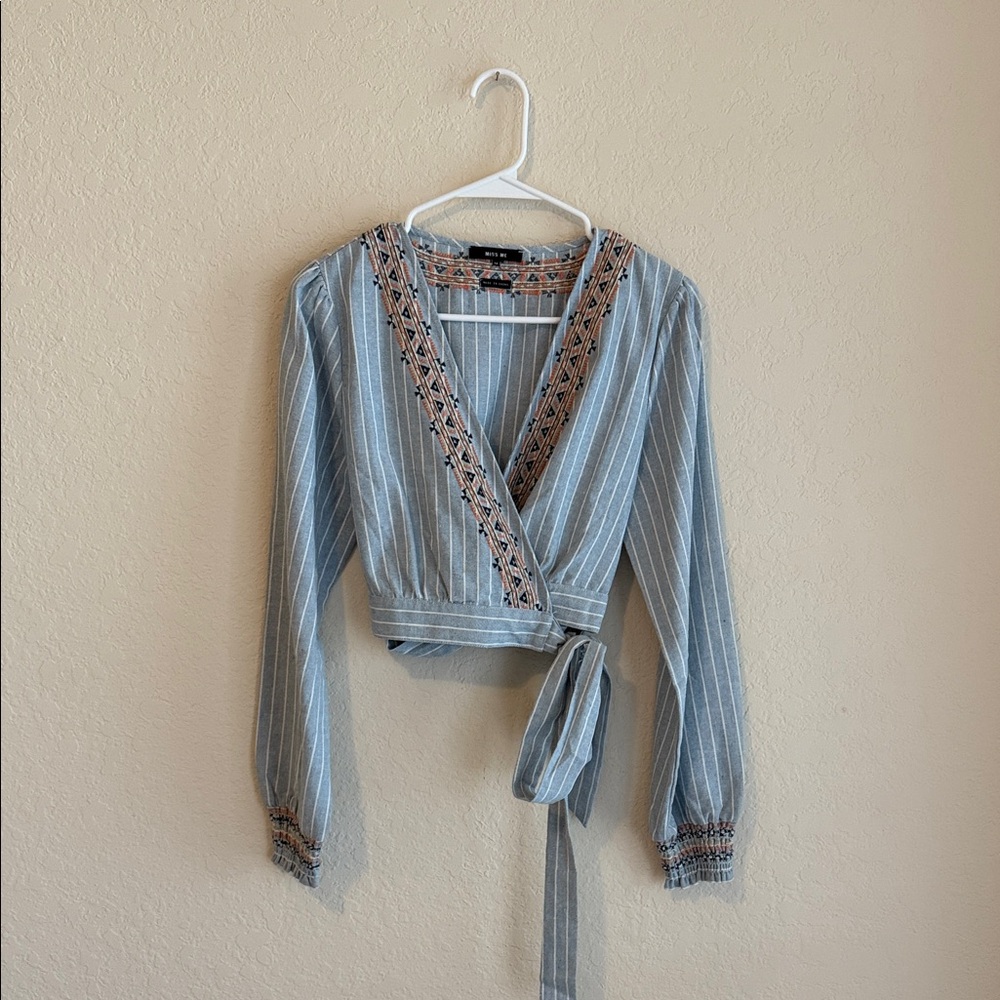 Miss Me Blue Striped Crop Top with Embroidery